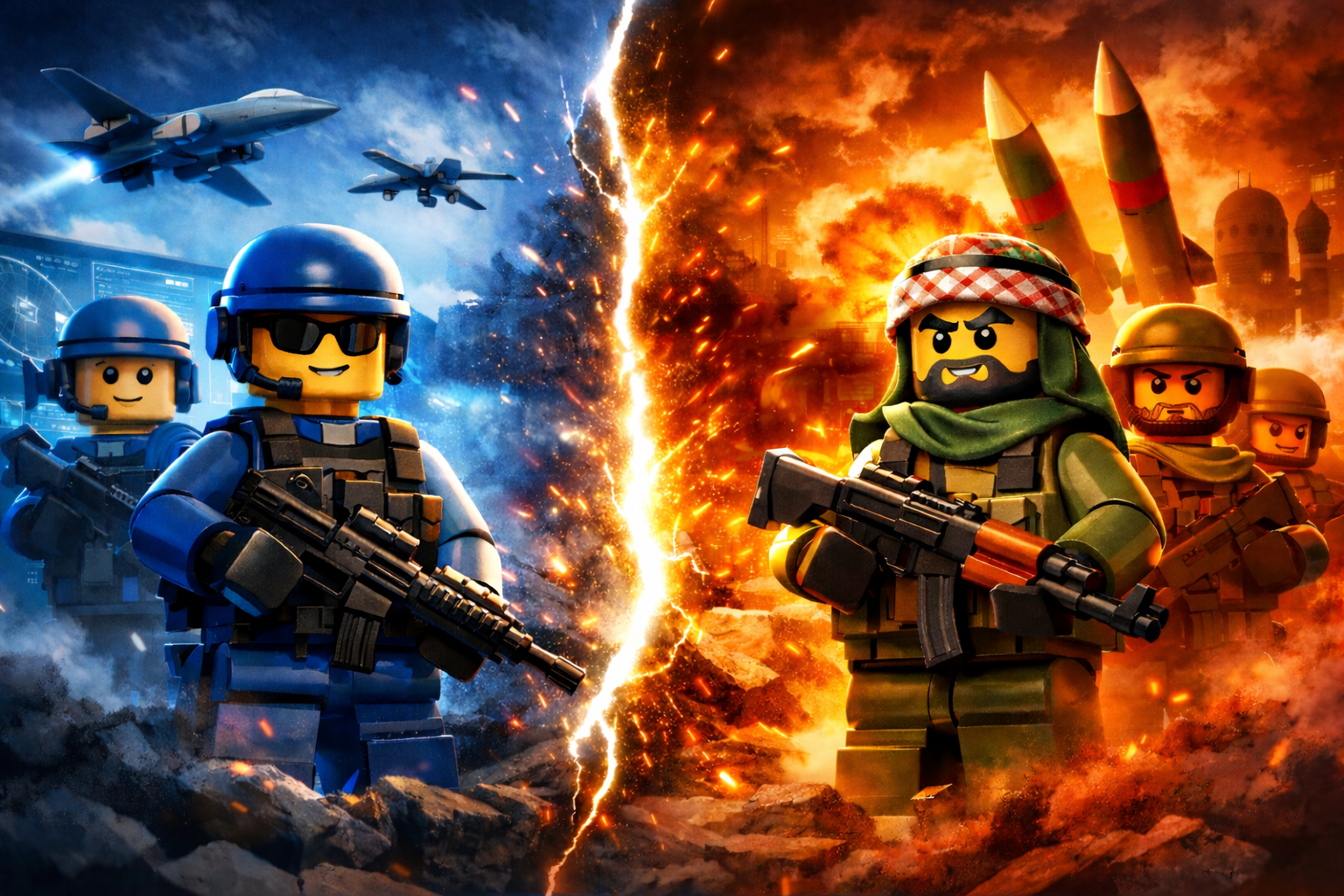 The theme of the poster should follow viral Lego Style Characters shown in the Lego Videos of the west Asian war. Showing Iran VS US