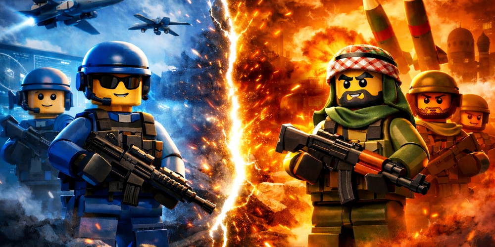 The theme of the poster should follow viral Lego Style Characters shown in the Lego Videos of the west Asian war. Showing Iran VS US