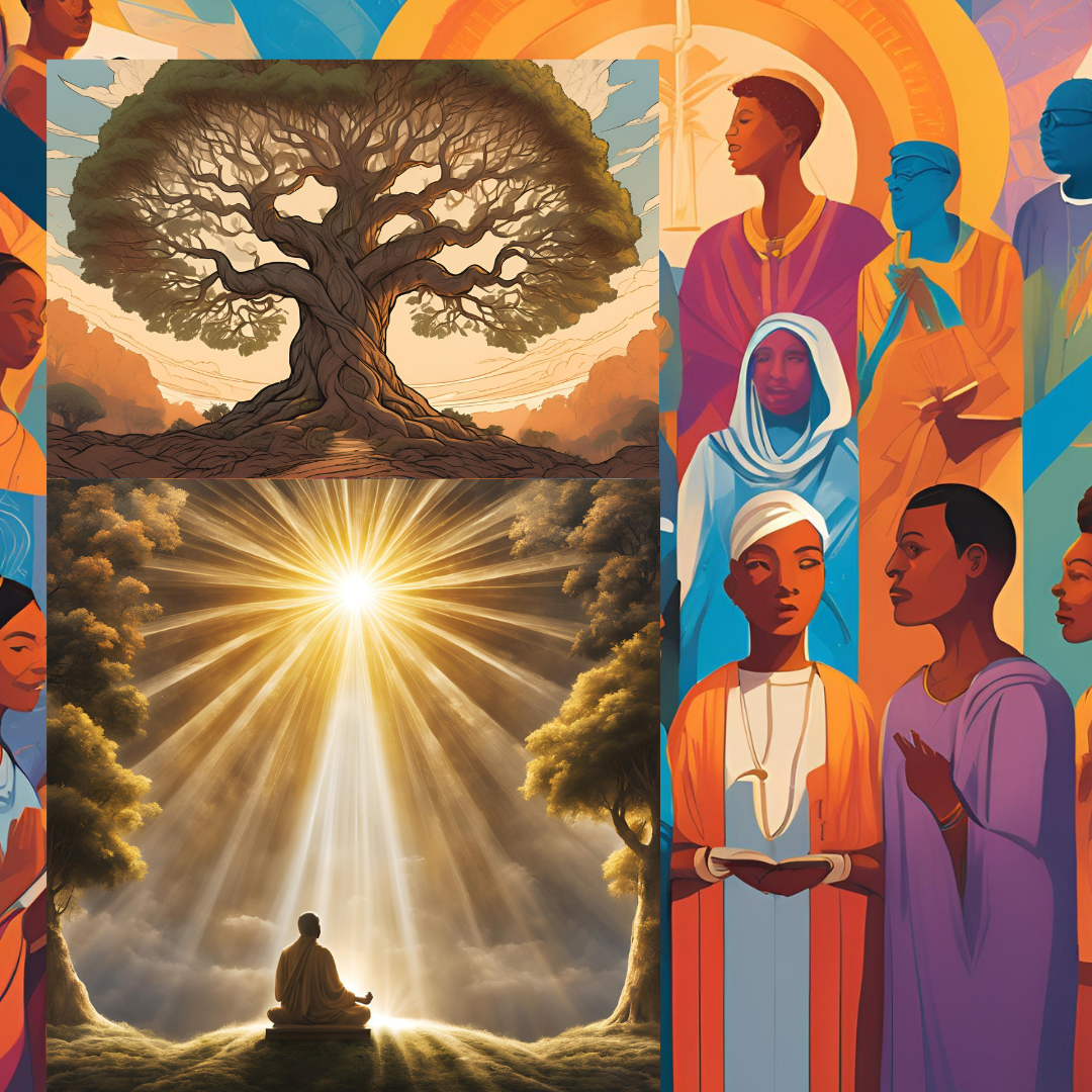 a painting of a group of people with a tree in the background