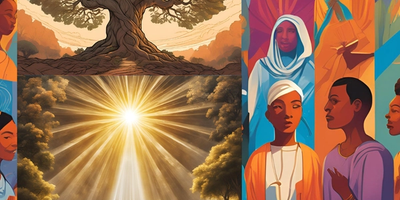 a painting of a group of people with a tree in the background