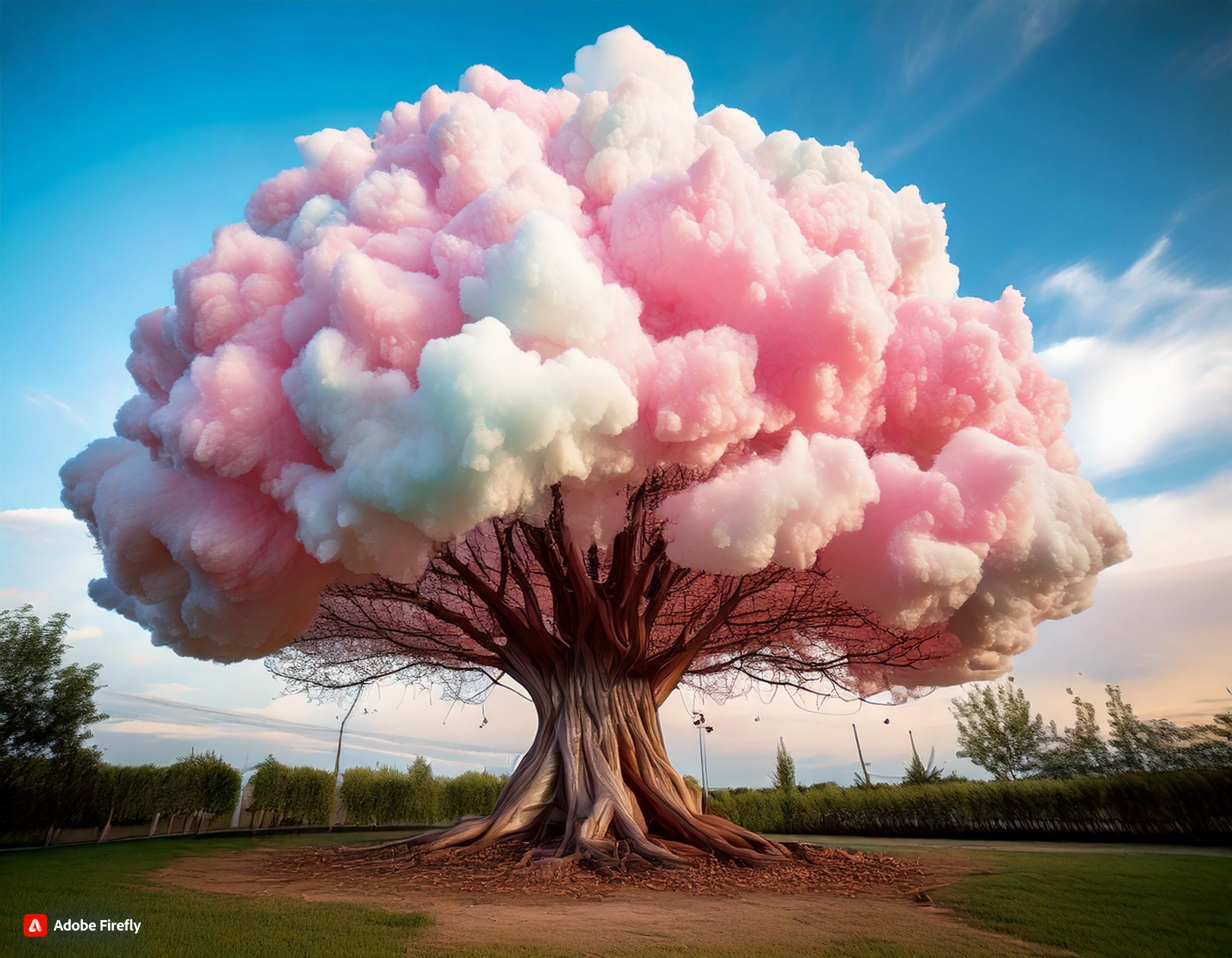 a tree covered in pink and white clouds in a park .