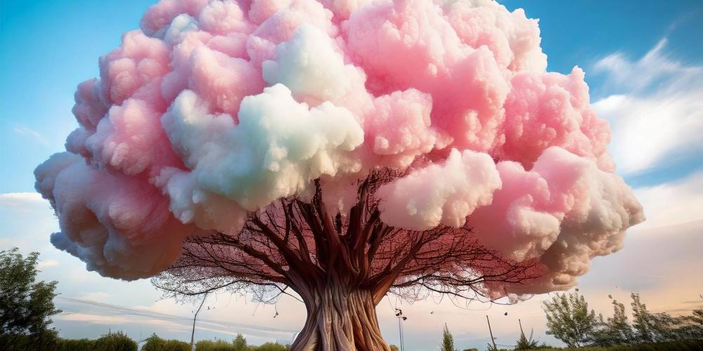 a tree covered in pink and white clouds in a park .