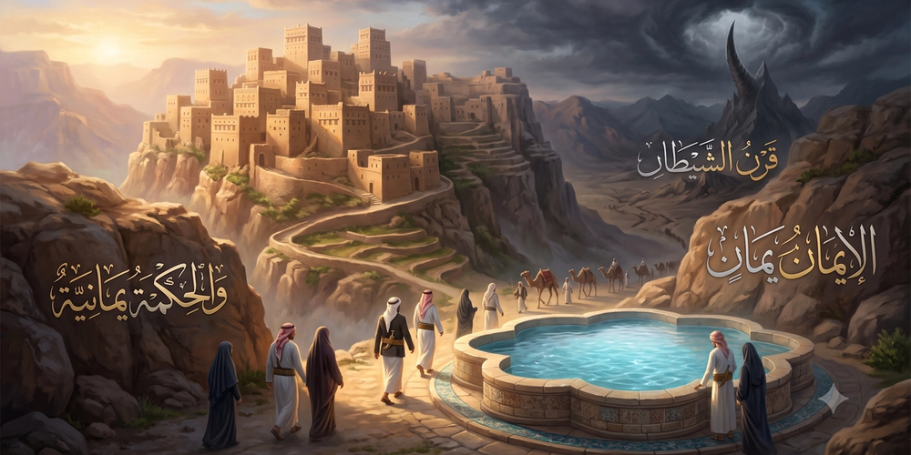 یہ اقتباس صحیح بخاری اور صحیح مسلم کی احادیث کی روشنی میں یمن اور نجد کے درمیان تقابل پیش کرتا ہے۔ رسول اللہ صلی اللہ علیہ و آلہ وسلم نے اہلِ یمن کی نرم دلی، ایمان اور حکمت کی تعریف فرمائی، ان کی سرزمین کے لیے برکت کی دعا کی اور حوضِ کوثر پر انہیں ترجیح دینے کی بشارت دی۔ اس کے برعکس، جب نجد کے لیے دعا کی درخواست کی گئی تو آپ صلی اللہ علیہ و آلہ وسلم نے وہاں فتنوں، زلزلوں اور شیطان کے سینگ کے طلوع ہونے کی پیشگوئی فرمائی۔ مجموعی طور پر یہ متن نبوی ارشادات کی روشنی میں یمن کی تاریخی اور روحانی فضیلت کو واضح کرتا ہے۔