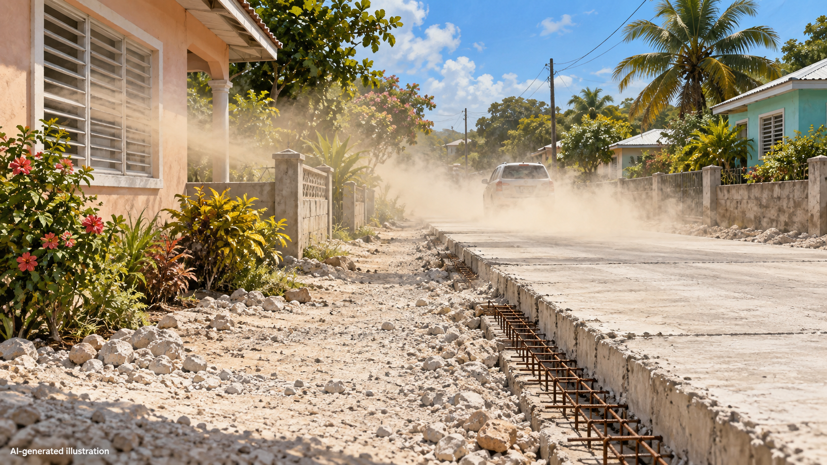 AI-generated illustration of dust from unfinished roadworks in a Caribbean community. This is not a photograph of the actual location