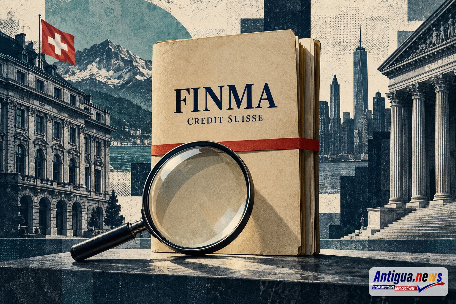 Illustration of a closed FINMA Credit Suisse file and magnifying glass between Swiss buildings and a New York courthouse.