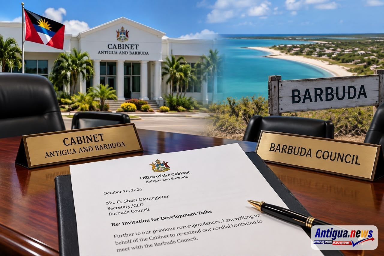 An illustrative image depicting the Government of Antigua and Barbuda and the Barbuda Council, highlighting Cabinet’s renewed invitation for talks on development priorities and collaboration between the two bodies.