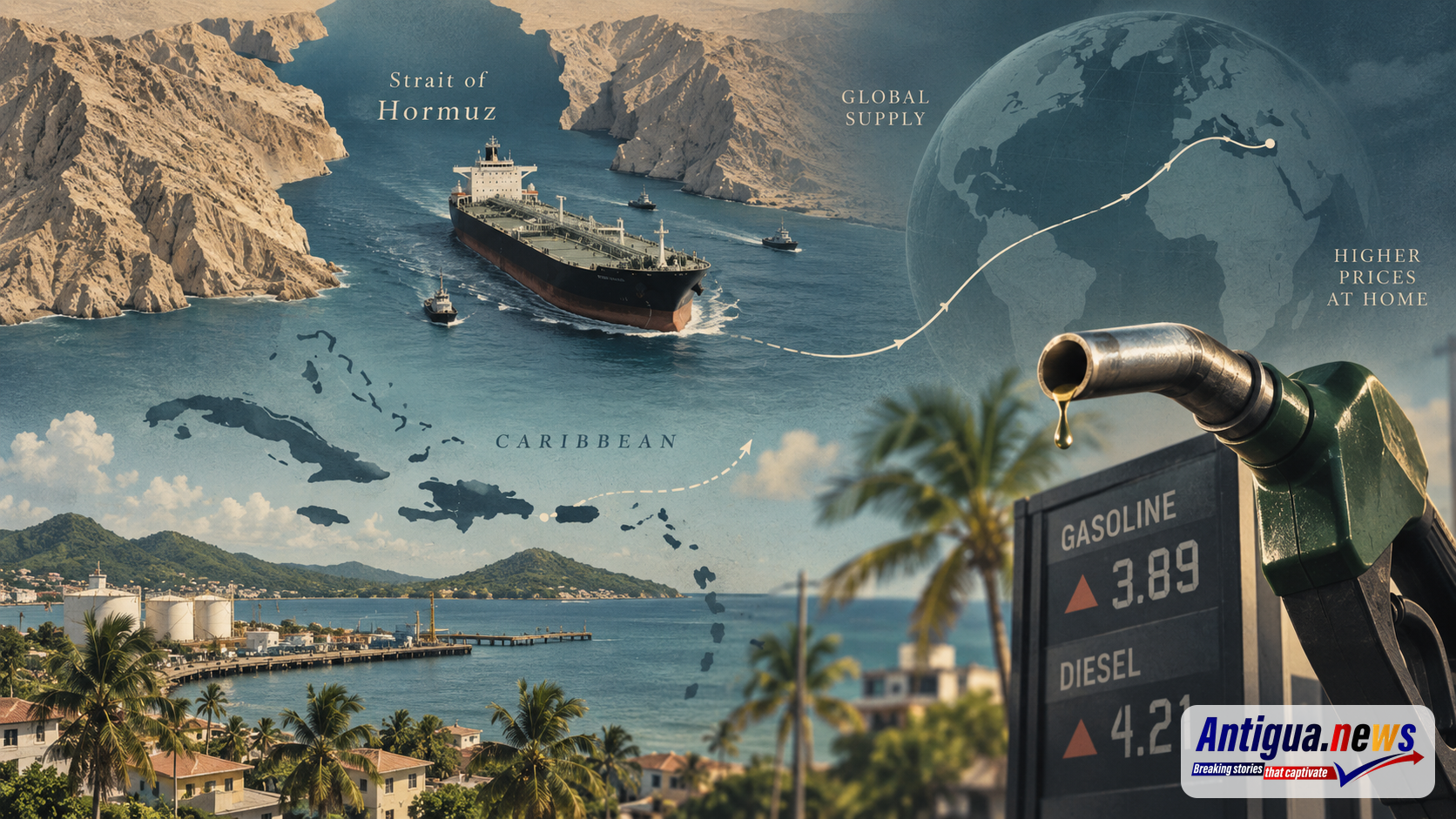 Illustration of an oil tanker, a Caribbean port and a fuel nozzle linking Hormuz disruption to gasoline and diesel prices.