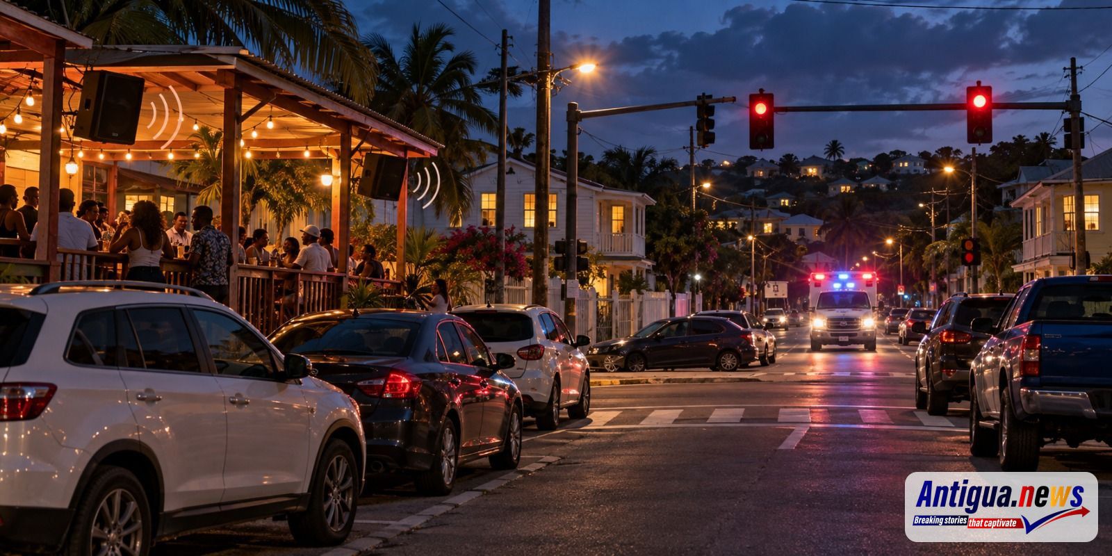 Cars line both sides of the road near the traffic lights, while an ambulance approaches in the distance with its lights flashing. Homes sit close to the road.