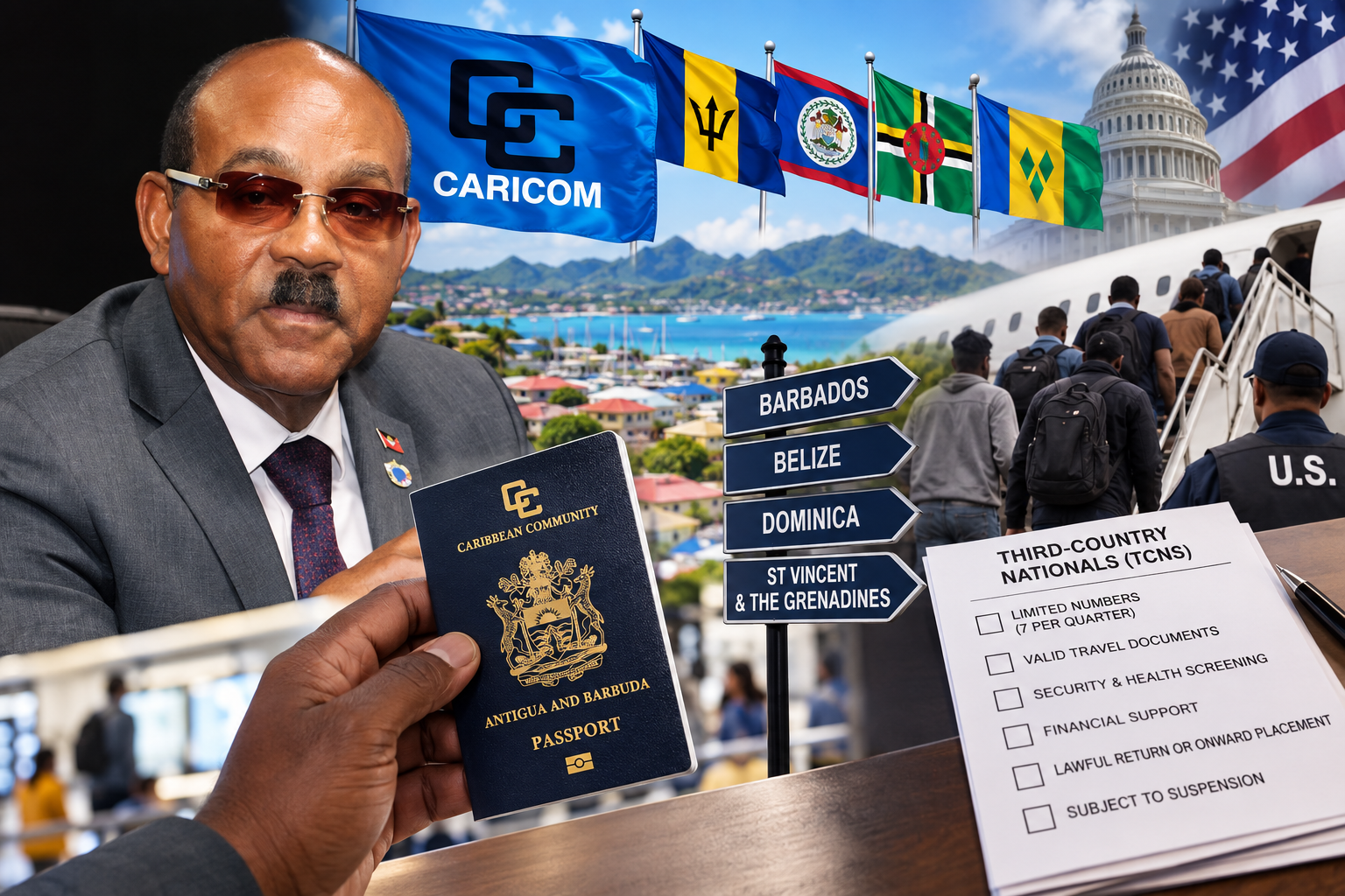 The image combines Prime Minister Gaston Browne with CARICOM and the flags of Barbados, Belize, Dominica and St Vincent and the Grenadines, representing the four-country free movement scheme. An Antigua and Barbuda passport, directional signs and Caribbean scenery symbolize regional mobility, while an aircraft, the U.S. Capitol and a checklist of proposed conditions represent Antigua and Barbuda’s separate negotiations concerning third-country nationals.