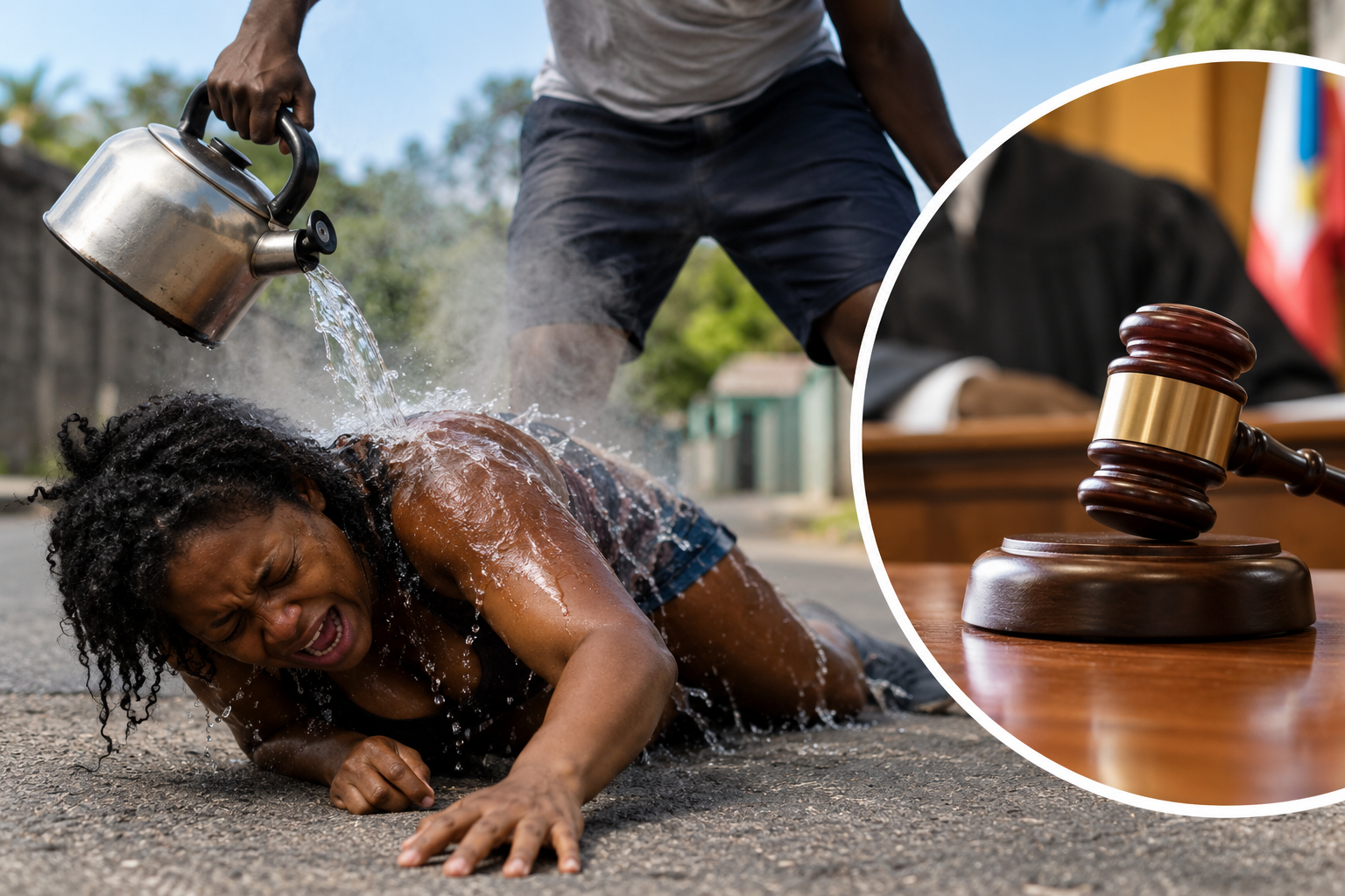 An AI-generated image illustrates a man pouring hot water from a kettle onto a woman during an attack, alongside an inset showing a judge’s gavel to represent the court proceedings and subsequent prison sentence. The image is for illustrative purposes only and does not depict the individuals involved in the case.
