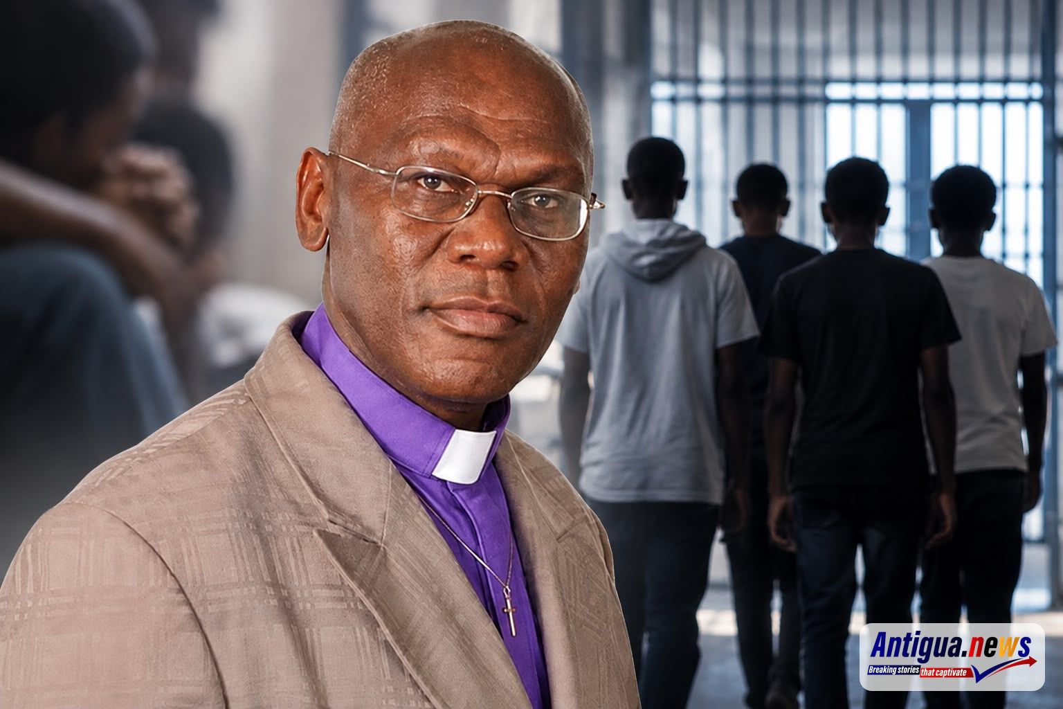 An illustrative news graphic featuring Bishop Charlesworth Browne, Chairman of the Prison Visiting Committee, alongside silhouettes representing four juveniles who escaped from police custody. The image highlights Browne's appeal for the young men to surrender peacefully and his commitment to helping troubled youth through guidance, compassion and rehabilitation.
