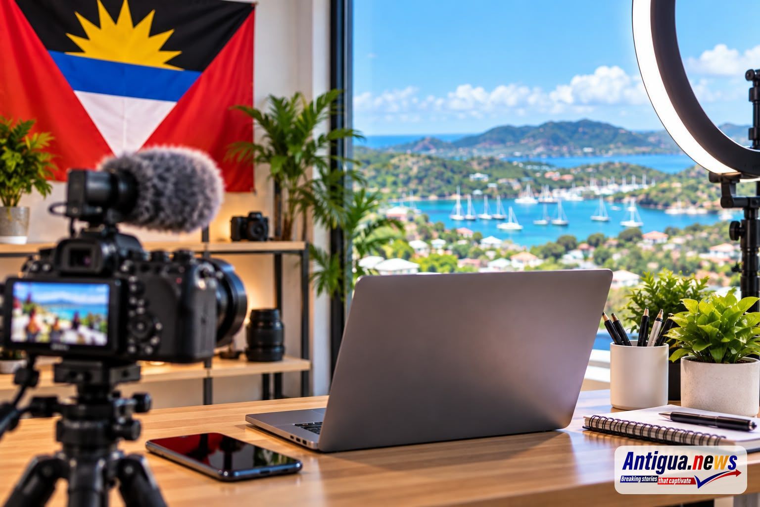 An illustrative representation of a modern digital content creation studio featuring a camera, laptop, smartphone and professional recording equipment, with the Antigua and Barbuda national flag displayed in the background. The image highlights the growing opportunities for local creators in the digital economy.