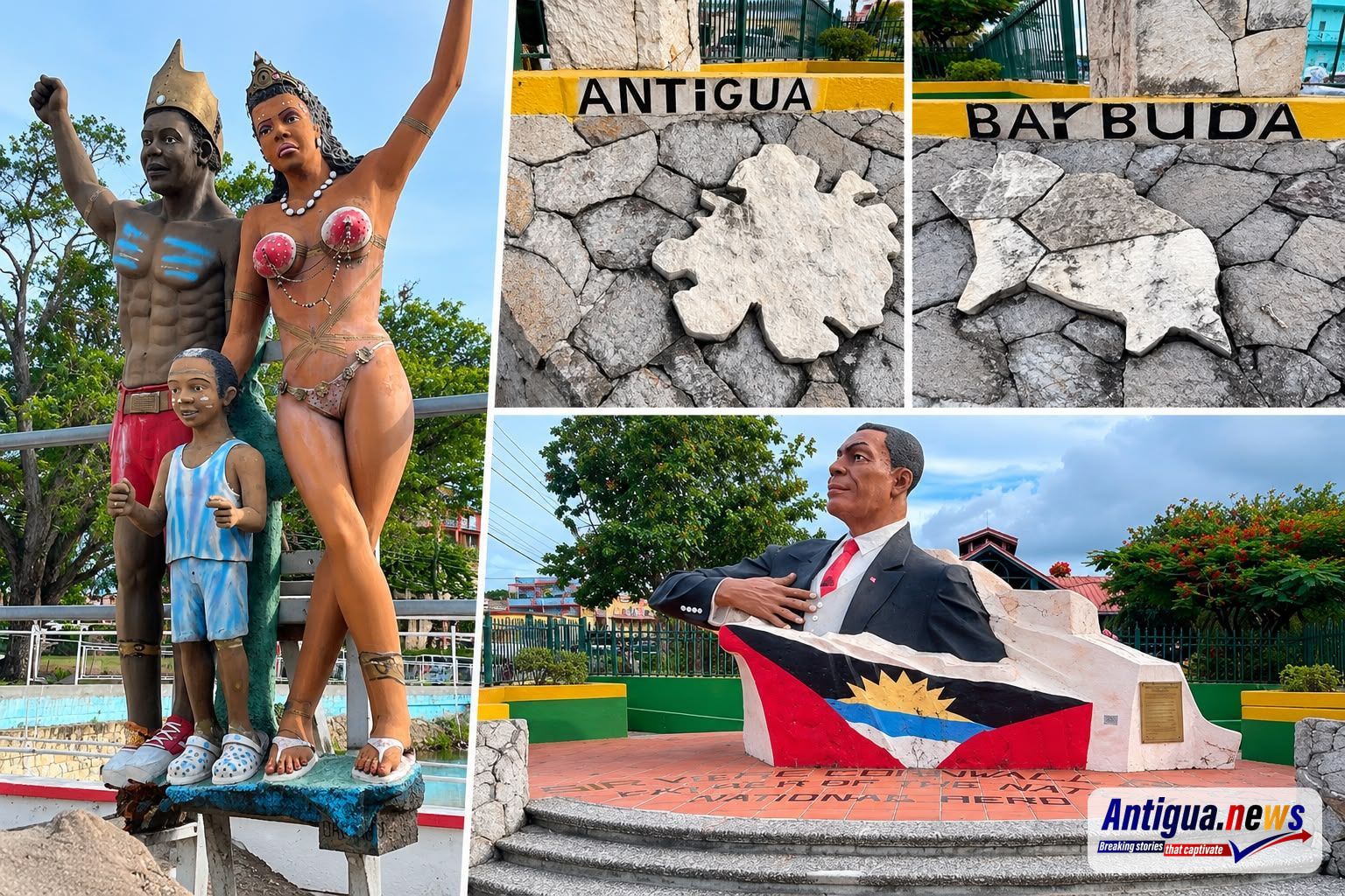 This collage showcases several public monuments and artistic displays in St. John’s, Antigua, highlighted in James Knight’s letter, “What Fresh CHOGM Eyes Will See.” On the left is a sculpture at Country Pond depicting an adult male, female and child playing mas, representing Antigua’s Carnival traditions. The upper centre and right images show stone displays bearing the names Antigua and Barbuda, while the bottom right features a monument honouring Sir Vere Cornwall Bird Sr., Antigua and Barbuda’s Father of the Nation and National Hero. The images accompany Knight’s concerns about the appearance, maintenance and artistic presentation of public monuments ahead of the Commonwealth Heads of Government Meeting (CHOGM).