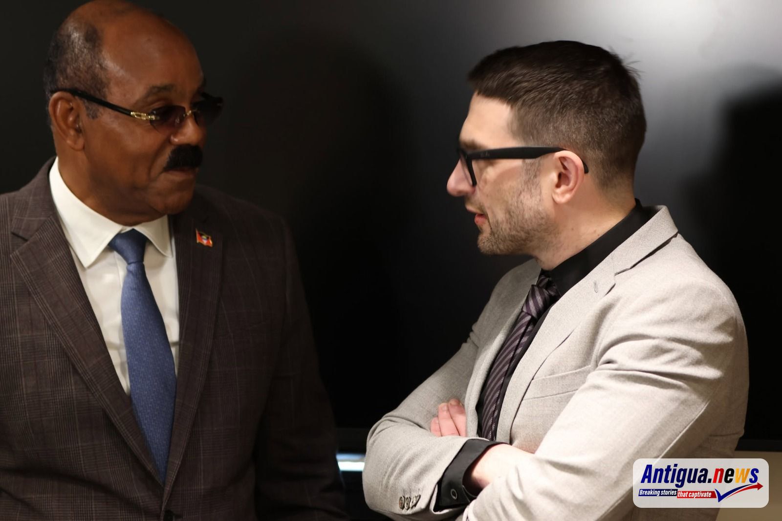 Prime Minister Gaston Browne speaks with Open Society Foundations chairman Alex Soros