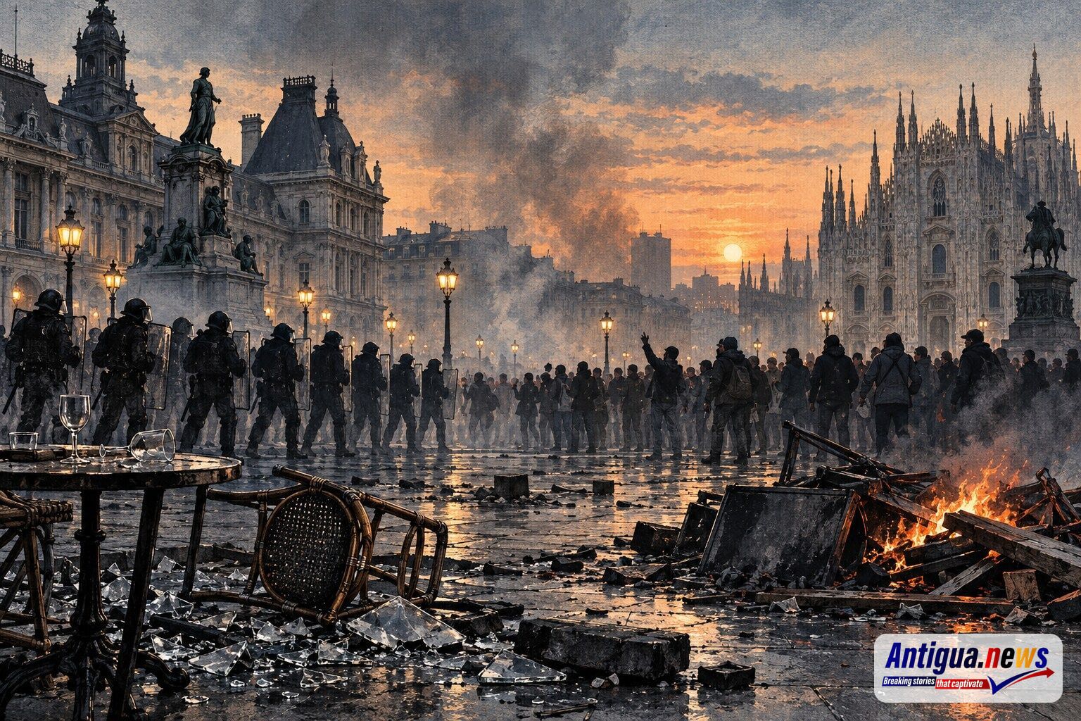 Editorial illustration of European protests, with riot police, scattered debris, French civic architecture and Milan Cathedral.