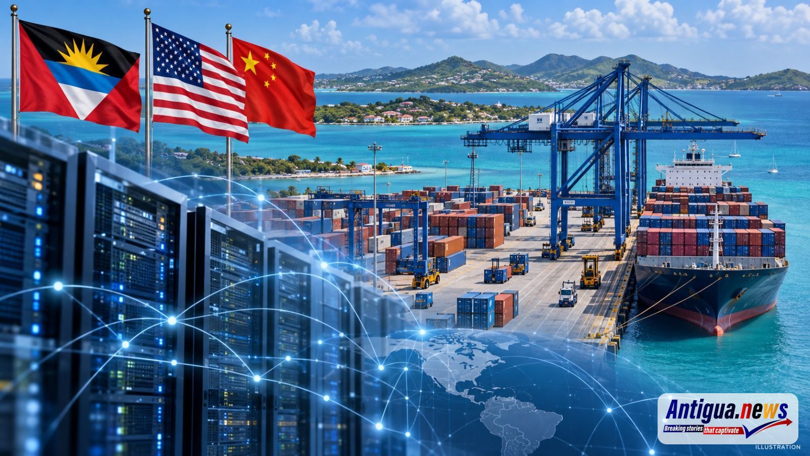 Illustration of port technology and diplomatic ties as PM Browne says US funding for an upgrade awaits completion of a third-country nationals agreement.
