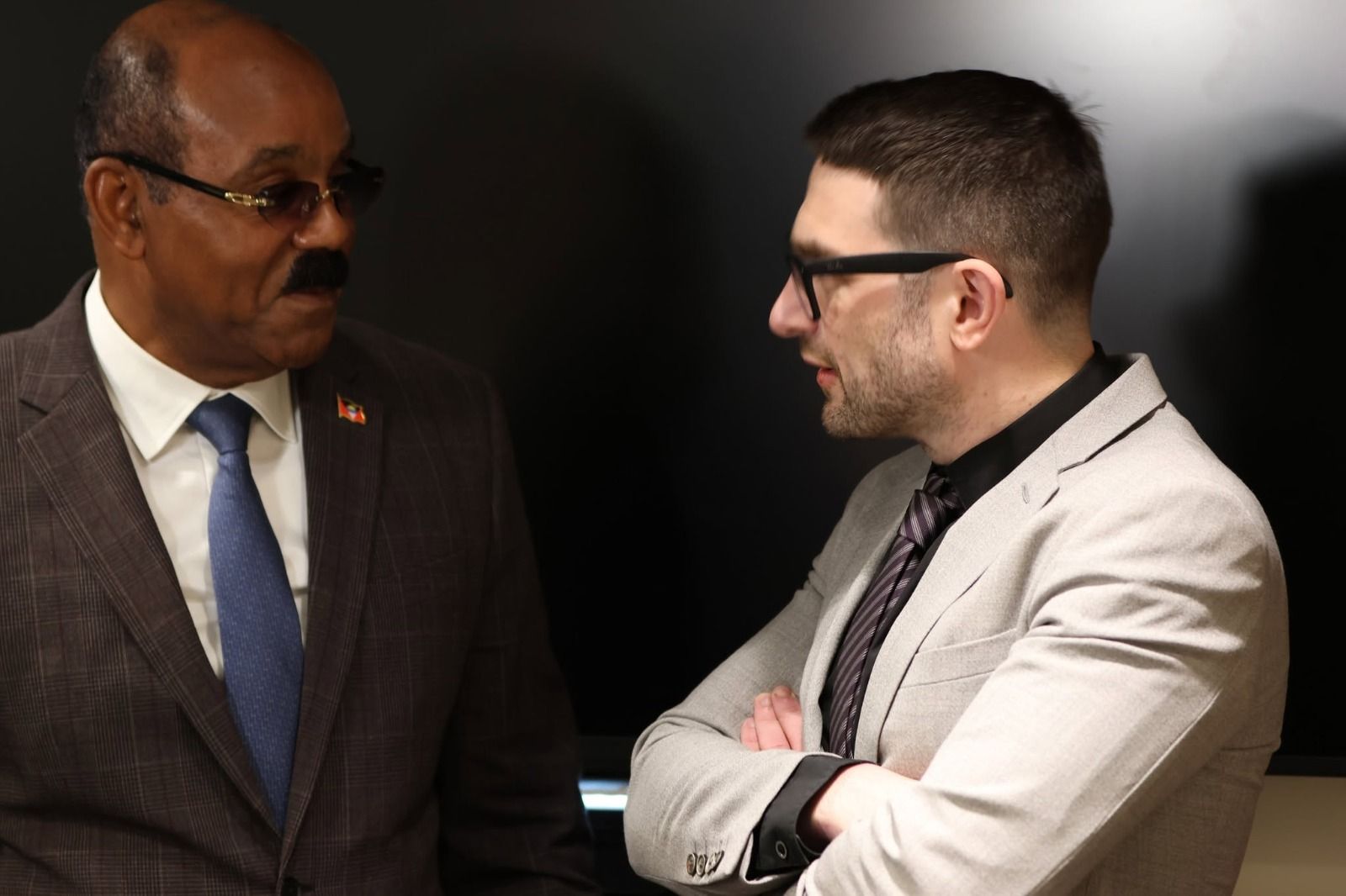 Prime Minister Gaston Browne speaks with Open Society Foundations chairman Alex Soros