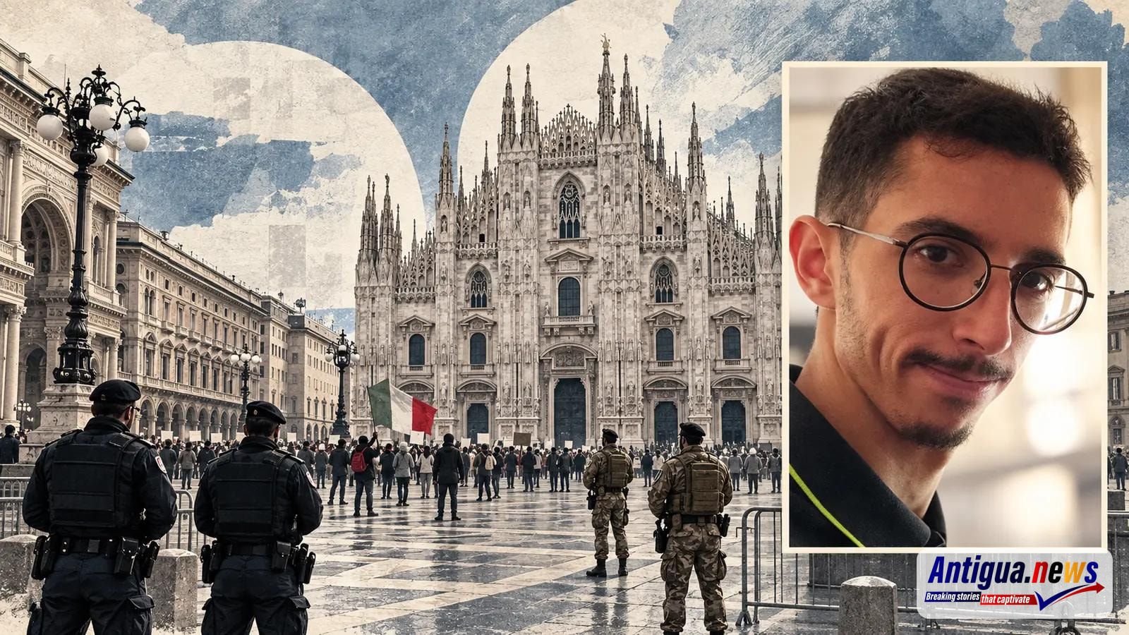 Editorial collage of police and soldiers near Milan Cathedral, with a portrait of Youssef Siher.