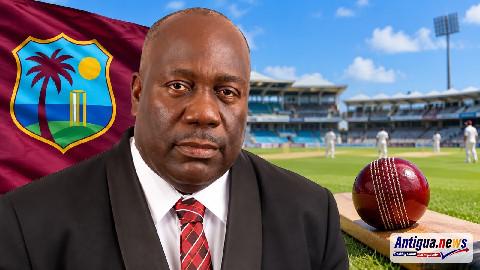 Lennox Weston pictured alongside West Indies cricket imagery, including the regional cricket emblem, a cricket ball and bat, reflecting his commentary on the state and future of West Indies cricket.
