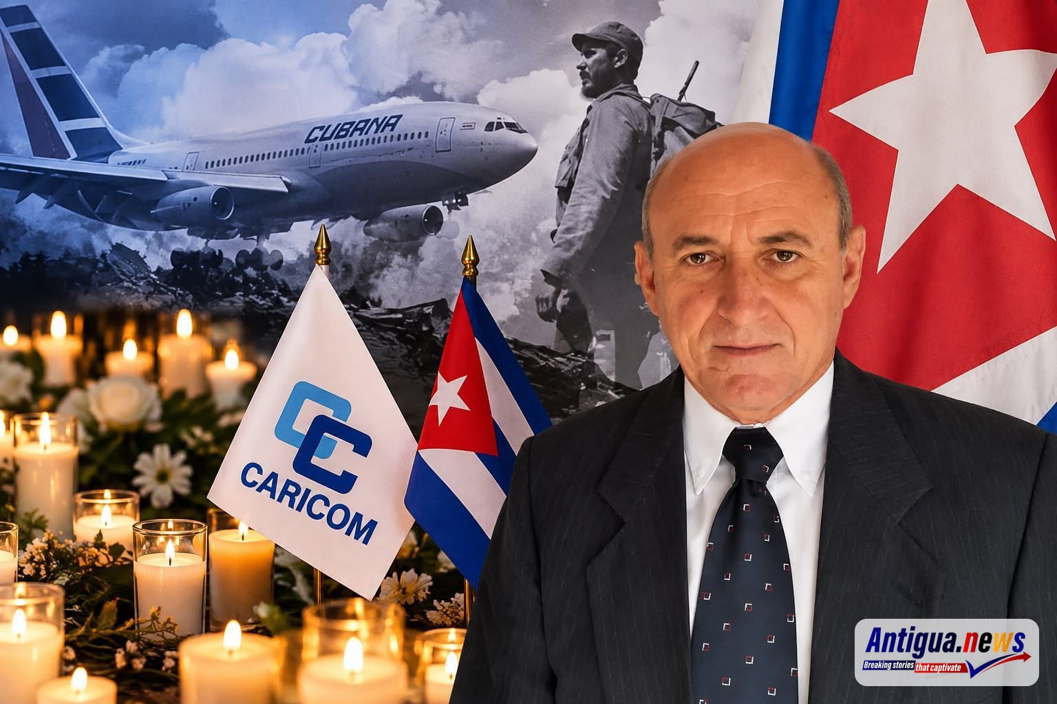 Cuban Ambassador to Antigua and Barbuda Sergio Martinez Gonzalez is featured alongside the Cuban and CARICOM flags, with a Cubana aircraft and memorial candles symbolizing the victims of the 1976 bombing. The image reflects his call for the international community to unite against all forms of terrorism.