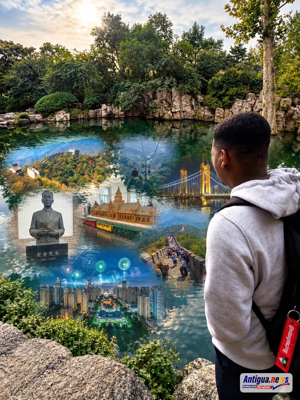 A creative, cinematic collage captures Cory Wayland standing at the edge of a peaceful body of water, gazing into a reflection filled with memories from his journey across China. Photographs of breathtaking landscapes, historic landmarks, cultural experiences, and remarkable destinations appear beneath the water's surface, symbolising the unforgettable moments of his two-week adventure. The image beautifully blends reality with memories, portraying a journey of discovery, appreciation, and personal reflection.
