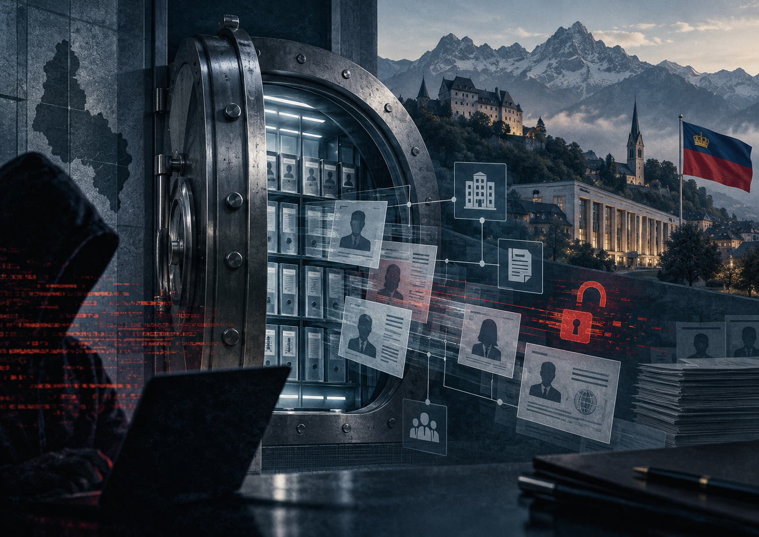 Illustration of an open data vault, exposed identity records and Liechtenstein’s flag against an Alpine backdrop.