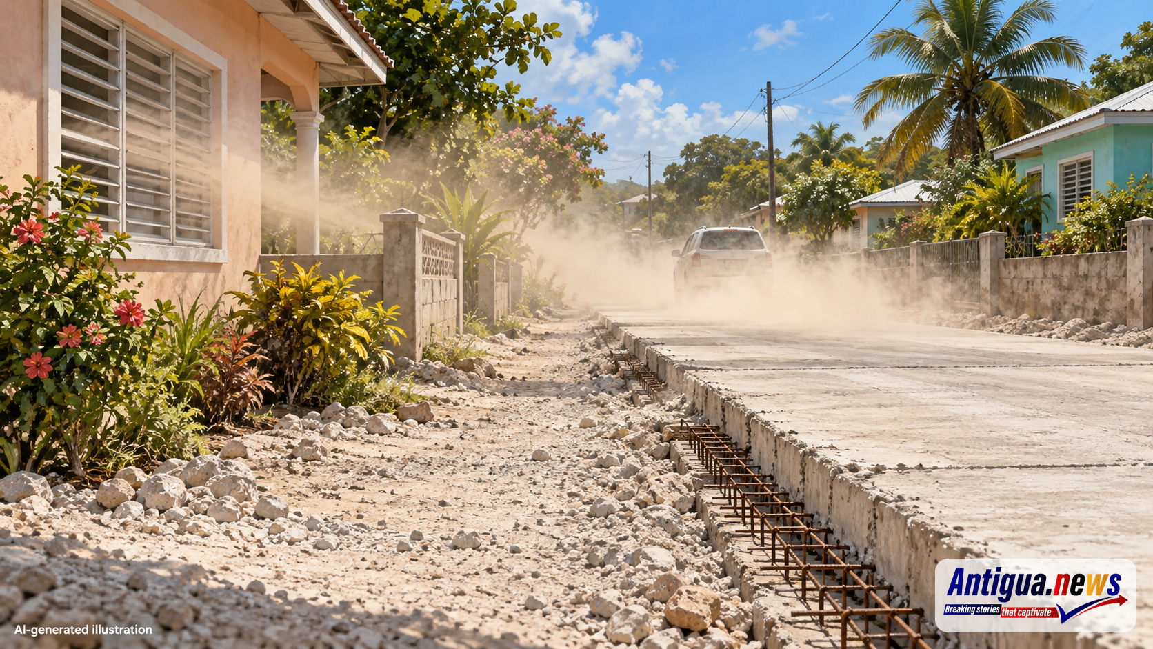 AI-generated illustration of dust from unfinished roadworks in a Caribbean community. This is not a photograph of the actual location
