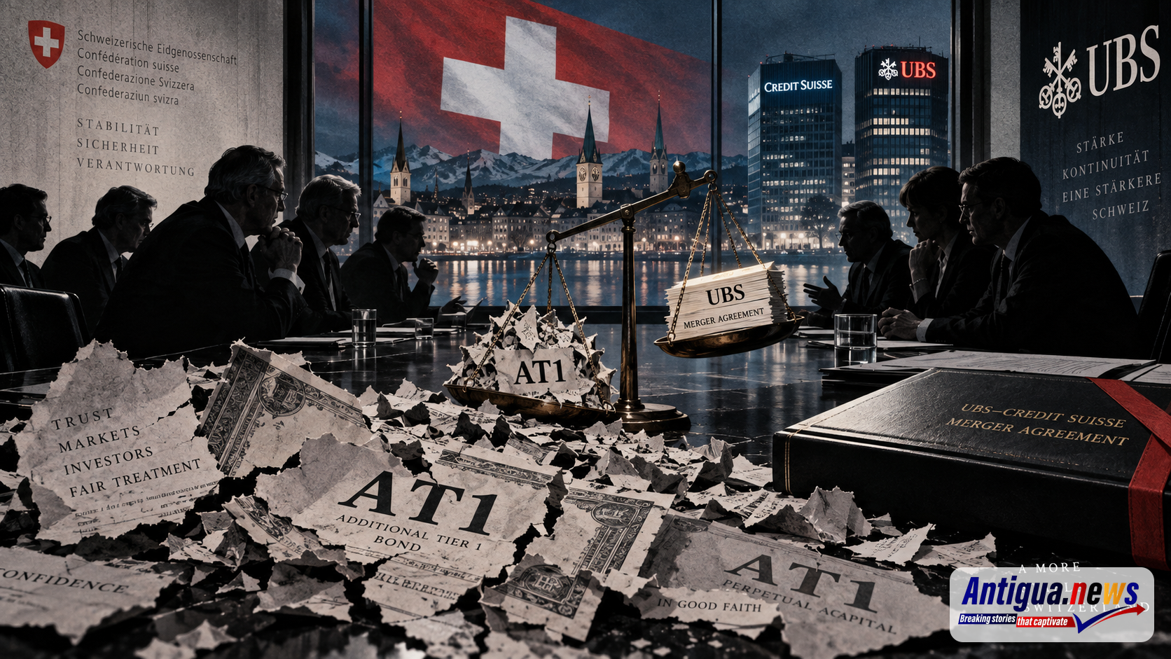 Illustration of the Credit Suisse AT1 wipeout, with torn bonds, negotiators and a balance scale holding a UBS merger agreement.