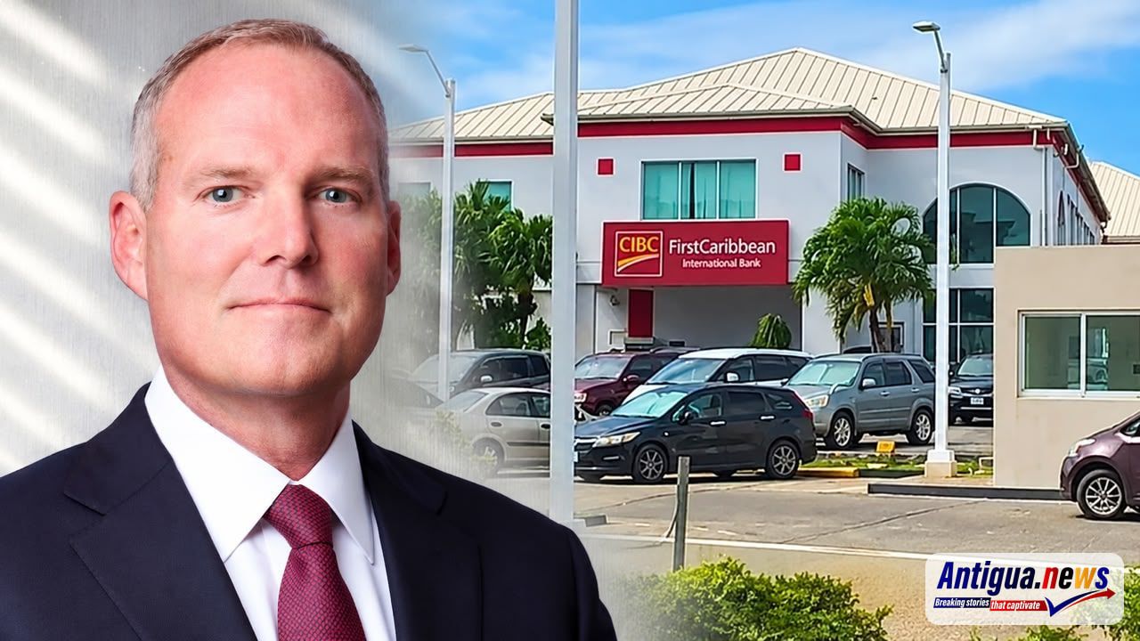 A composite image featuring a Butterfield banking executive alongside the CIBC FirstCaribbean International Bank building in Antigua and Barbuda. The image illustrates the proposed acquisition and the Government’s call for both financial institutions to ensure compliance with labour laws and safeguard workers’ rights throughout the transaction.