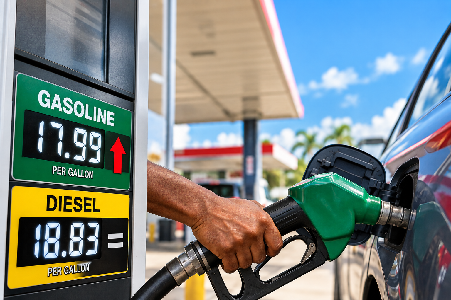 A close-up image of a fuel pump nozzle positioned at a gasoline pump