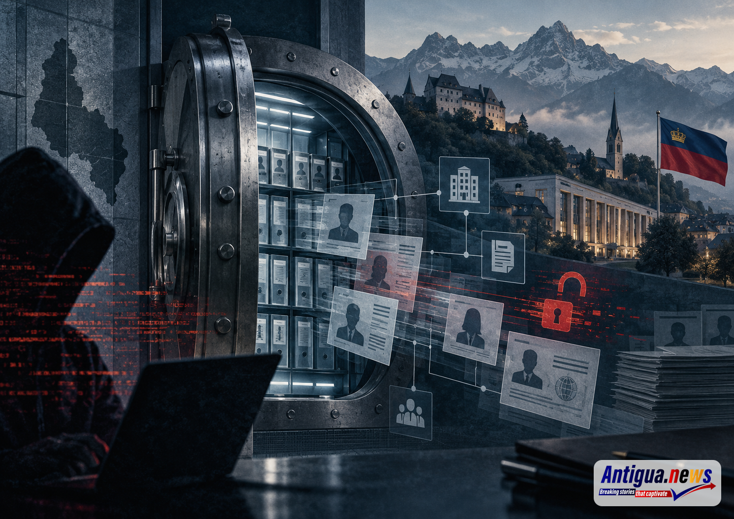 Illustration of an open data vault, exposed identity records and Liechtenstein’s flag against an Alpine backdrop.