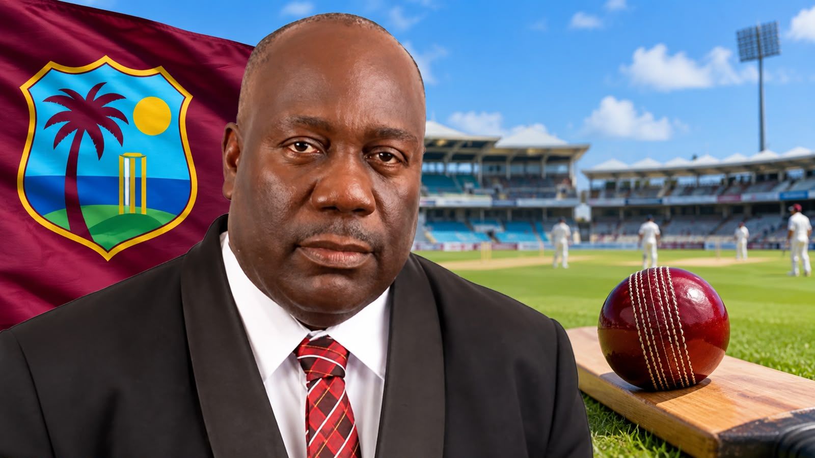 Lennox Weston pictured alongside West Indies cricket imagery, including the regional cricket emblem, a cricket ball and bat, reflecting his commentary on the state and future of West Indies cricket.