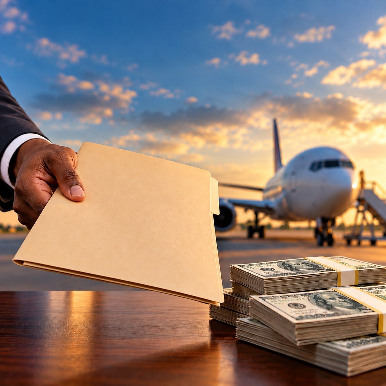 A business-style scene showing a person holding a plain envelope beside stacks of U.S. cash, with a passenger aircraft on the runway in the background.