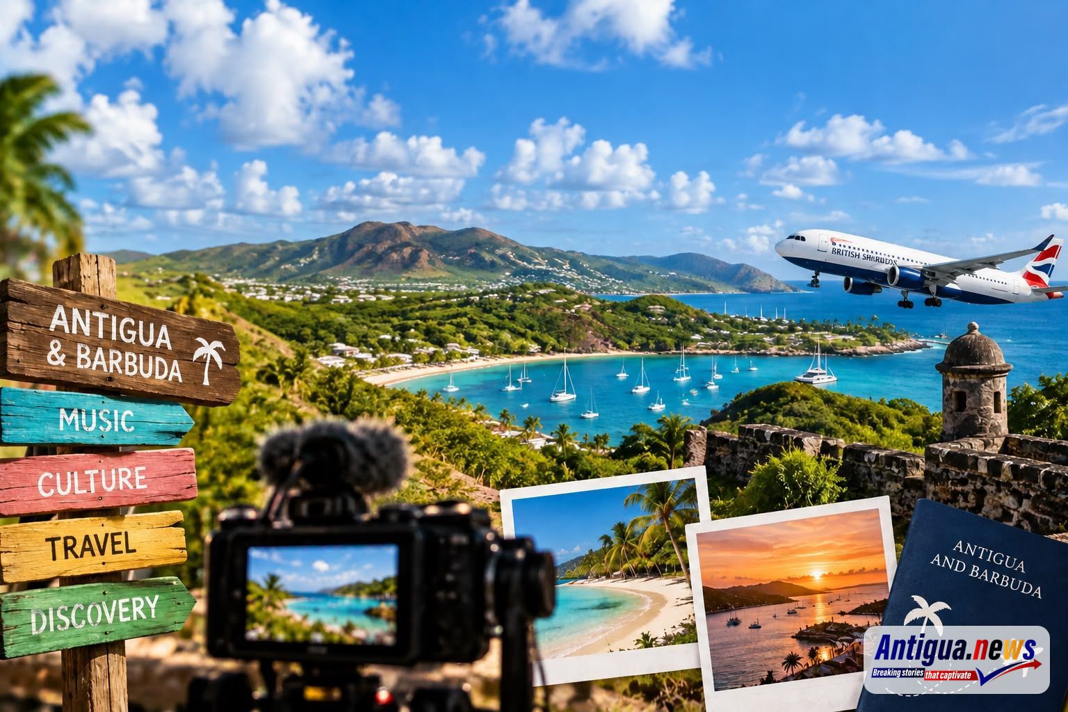A digitally generated tourism-themed image showcasing Antigua and Barbuda’s scenic coastline, turquoise waters, sailing boats and historic landmarks. The collage features a British Airways aircraft, a camera, tropical destination photographs and colourful wooden signs highlighting music, culture, travel and discovery. The image represents the proposed year-long tourism campaign linked to Louis Tomlinson’s music and documentary project, which is projected to generate £3.7 million in additional visitor spending over three years, although the estimated returns are not guaranteed.