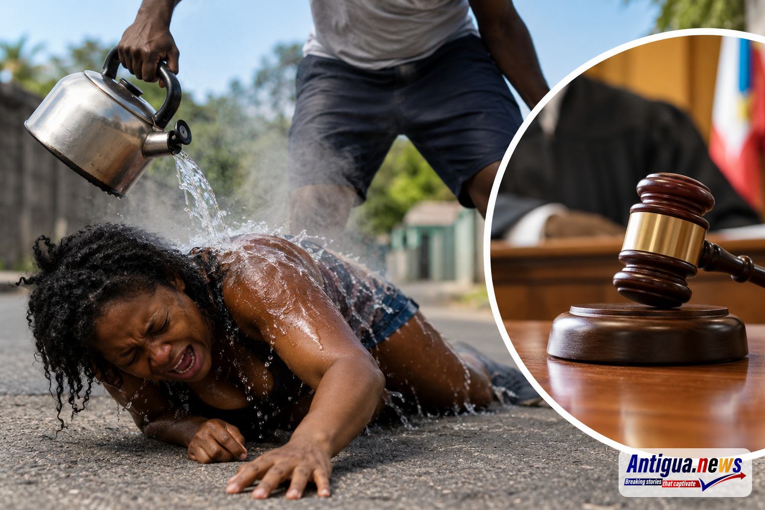 An AI-generated image illustrates a man pouring hot water from a kettle onto a woman during an attack, alongside an inset showing a judge’s gavel to represent the court proceedings and subsequent prison sentence. The image is for illustrative purposes only and does not depict the individuals involved in the case.