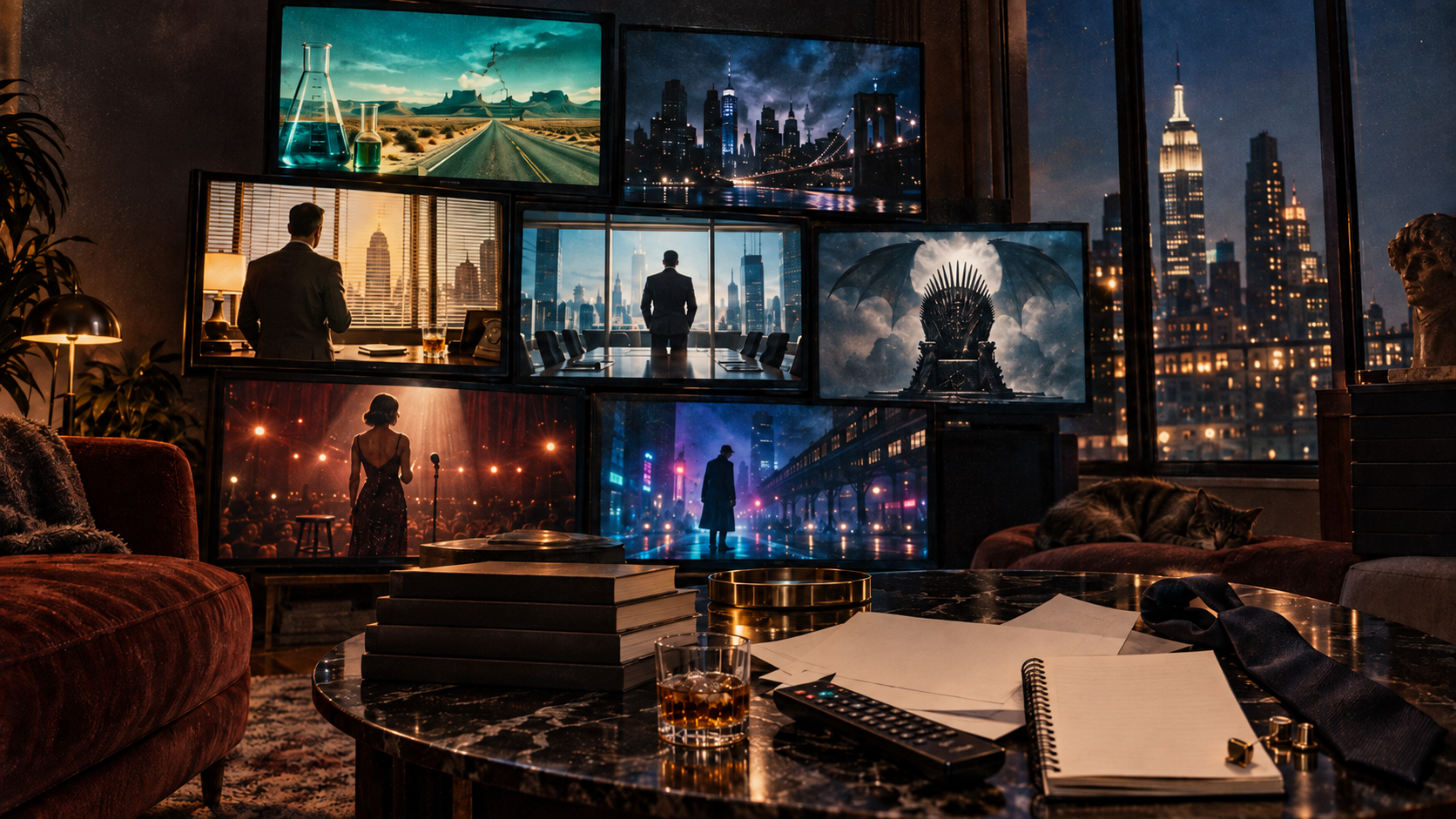 Editorial illustration of television screens showing drama, comedy and fantasy scenes in a stylish living room.