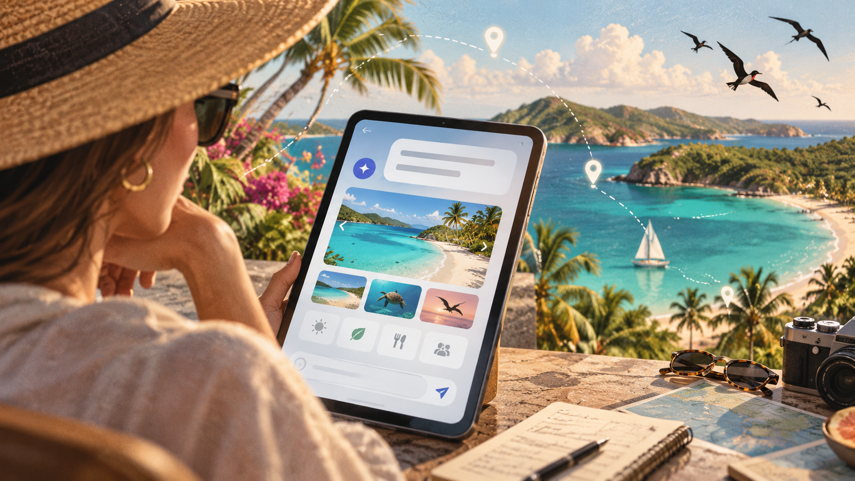 Illustration of a traveller using an AI travel planner on a tablet overlooking a turquoise Caribbean bay.
