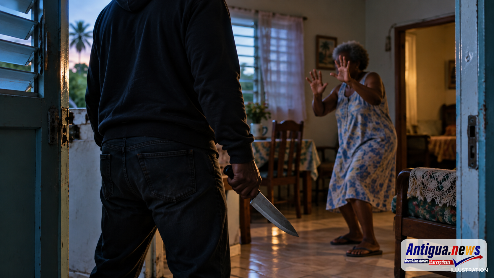 Illustration depicting a knife-wielding intruder confronting an older woman inside her home. This is not an image of the actual incident.