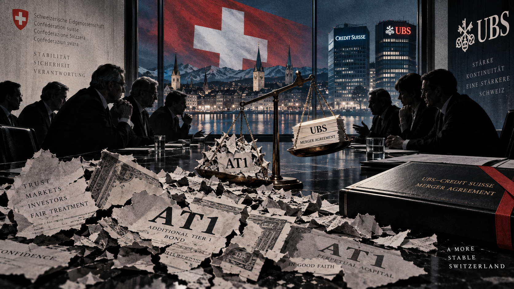 Illustration of the Credit Suisse AT1 wipeout, with torn bonds, negotiators and a balance scale holding a UBS merger agreement.