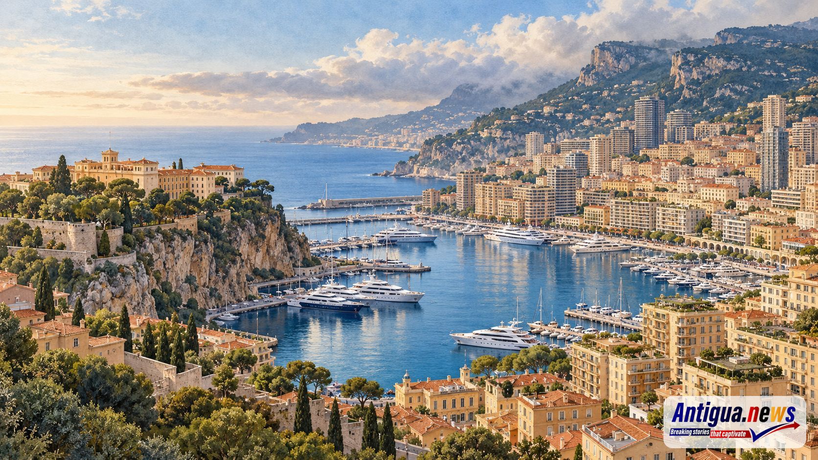 Editorial illustration of Port Hercule and Monaco’s hillside skyline above the Mediterranean.