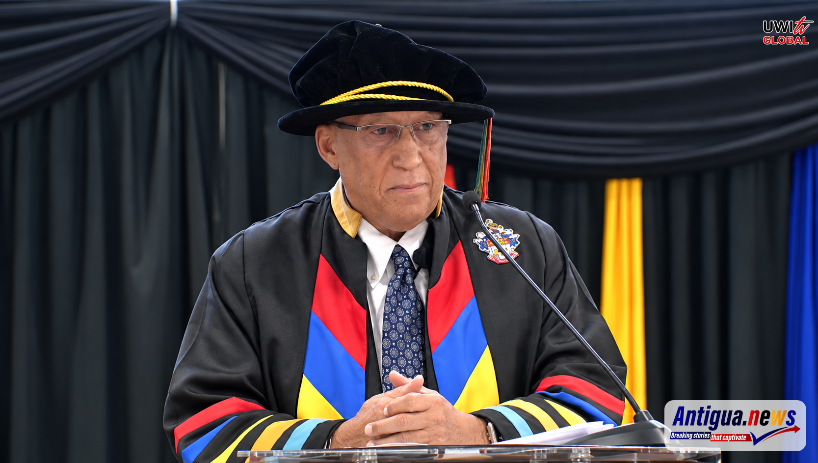 UWI Chancellor Dr. Dodridge Miller delivers remarks at Saturday's graduation