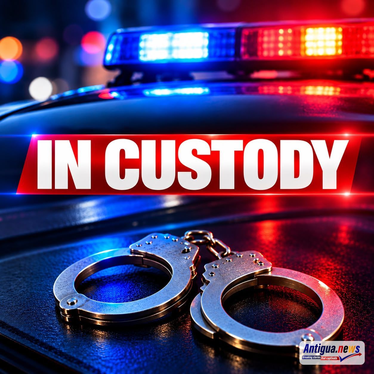 An illustrative news graphic featuring the words “IN CUSTODY” against a backdrop of flashing red and blue police lights, with a pair of metal handcuffs in the foreground, symbolising detention and law enforcement.