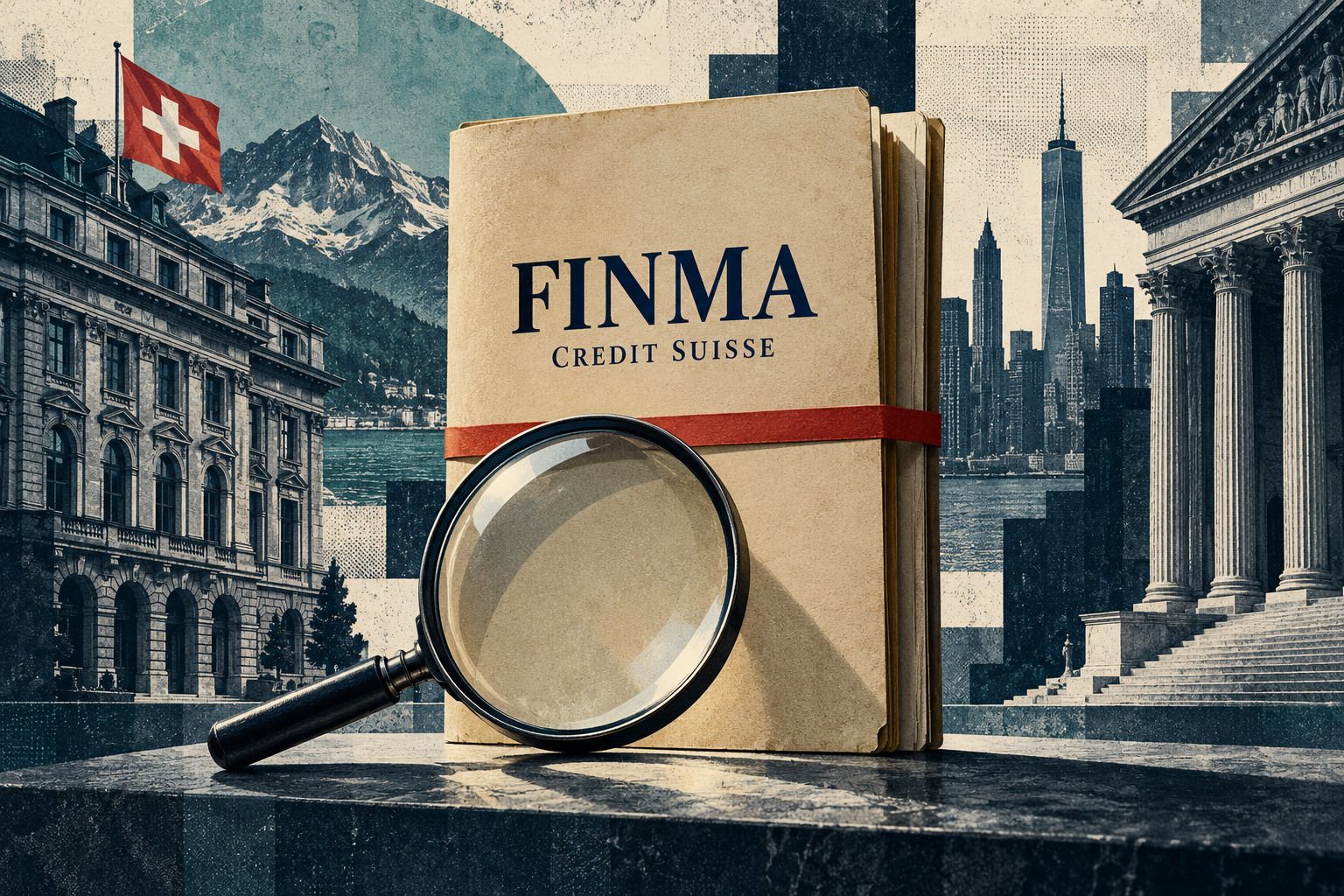 Illustration of a closed FINMA Credit Suisse file and magnifying glass between Swiss buildings and a New York courthouse.