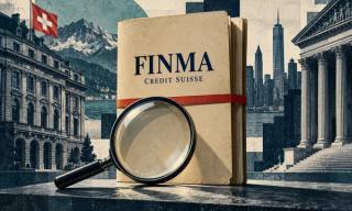 Illustration of a closed FINMA Credit Suisse file and magnifying glass between Swiss buildings and a New York courthouse.