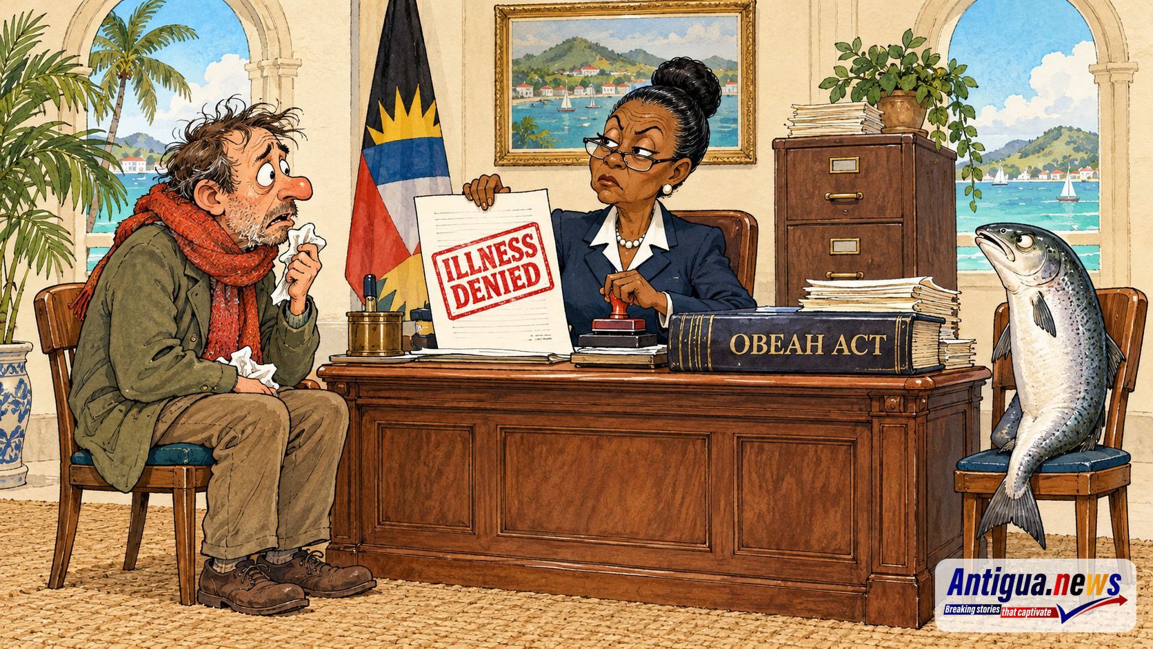 Cartoon of a clerk holding an “ILLNESS DENIED” notice beside a sick man, a salmon and an Obeah Act law book.