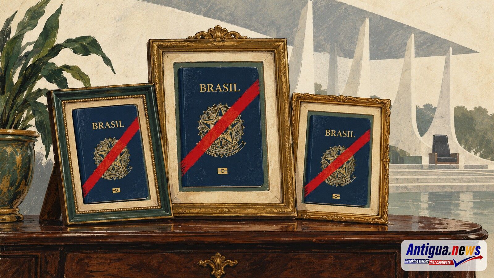 Three Brazilian passports with red cancellation marks displayed in family portrait frames, with Brasília’s Supreme Court behind.