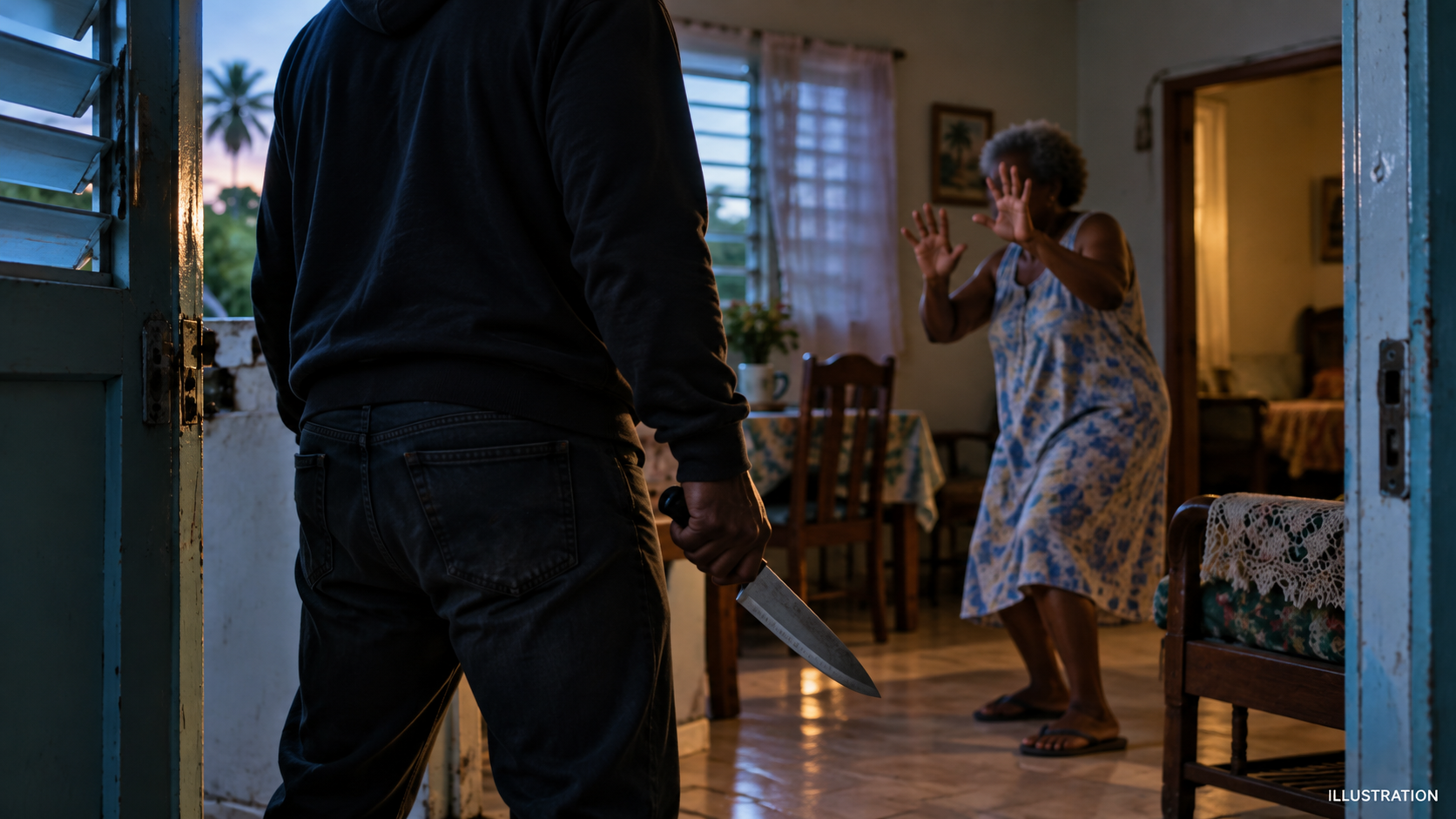 Illustration depicting a knife-wielding intruder confronting an older woman inside her home. This is not an image of the actual incident.