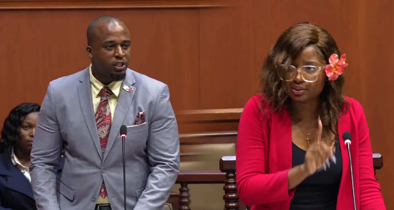 Youth Parliamentarians Daniel Taylor and Skielar Cornelius are pictured during a sitting of the National Youth Parliament Association of Antigua and Barbuda, where they raised concerns about outstanding retroactive payments for teachers, classroom resources and the growing use of artificial intelligence in education.