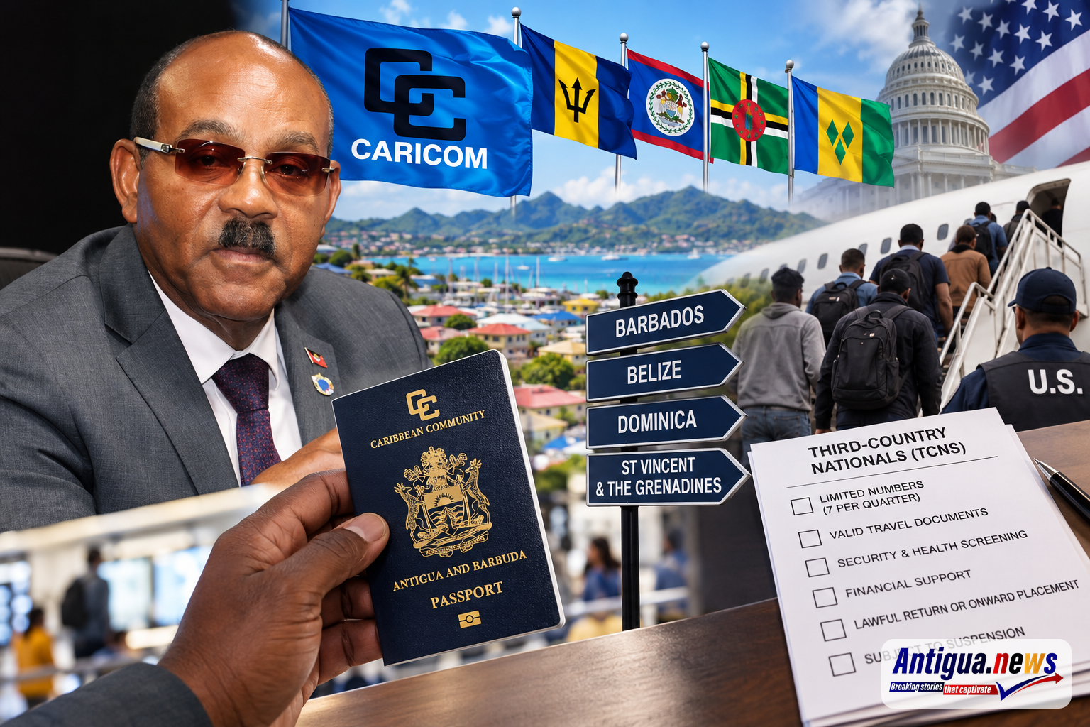 The image combines Prime Minister Gaston Browne with CARICOM and the flags of Barbados, Belize, Dominica and St Vincent and the Grenadines, representing the four-country free movement scheme. An Antigua and Barbuda passport, directional signs and Caribbean scenery symbolize regional mobility, while an aircraft, the U.S. Capitol and a checklist of proposed conditions represent Antigua and Barbuda’s separate negotiations concerning third-country nationals.