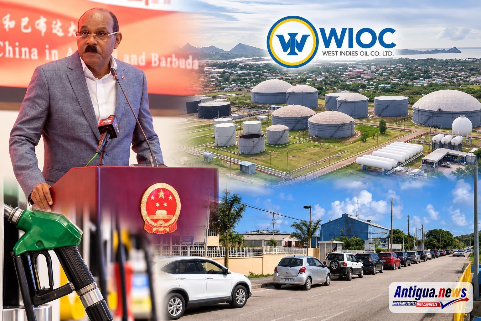 A composite image featuring Prime Minister Gaston Browne, the West Indies Oil Company’s fuel storage facility, a gasoline pump and a long line of motorists waiting for fuel, illustrating the renewed gas station strike and Browne’s announcement of plans to expand WIOC’s retail fuel operations.